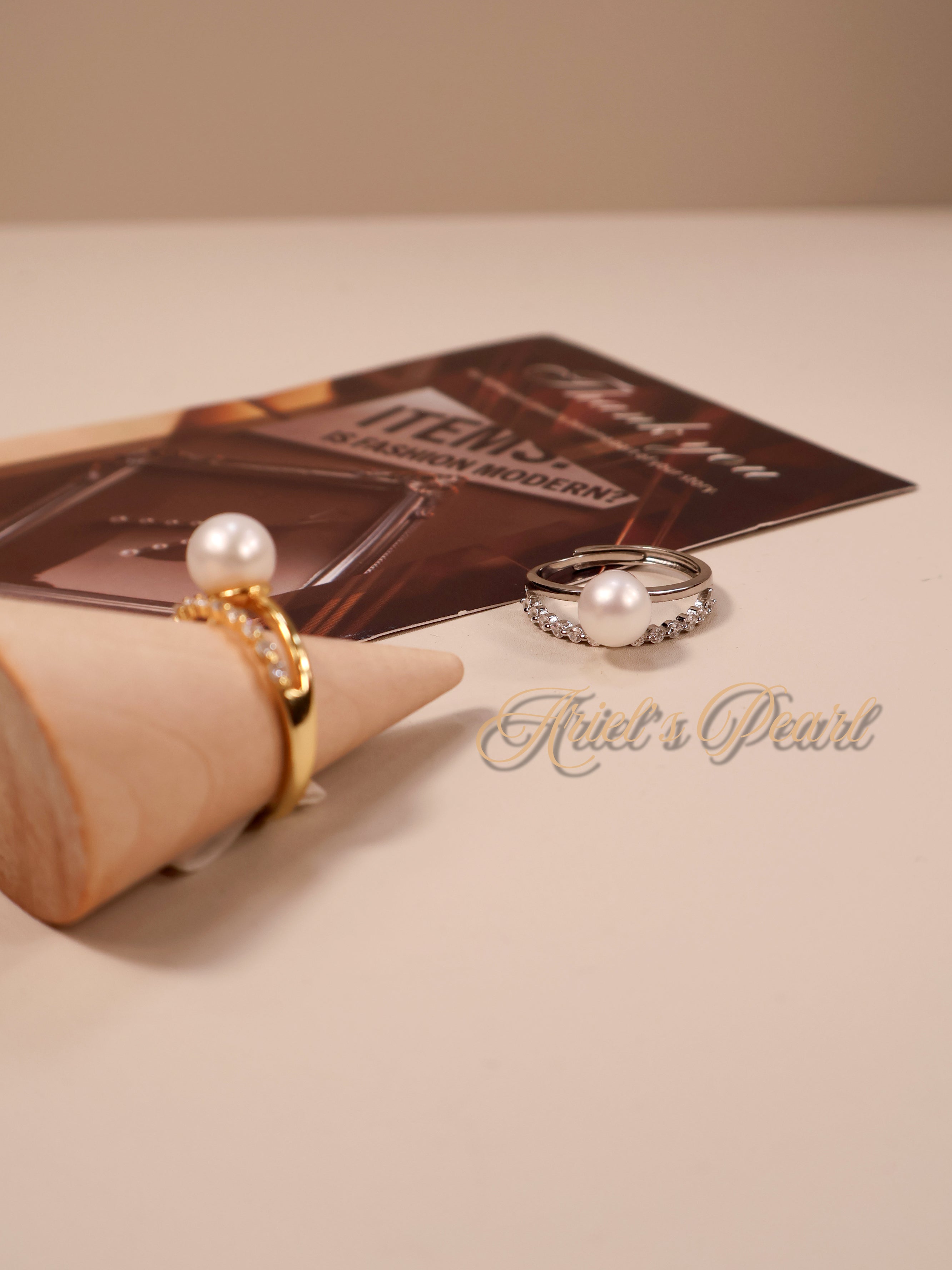 Freshwater Pearl Ring with Zircon Accent – Adjustable Open Band in Gold or Silver