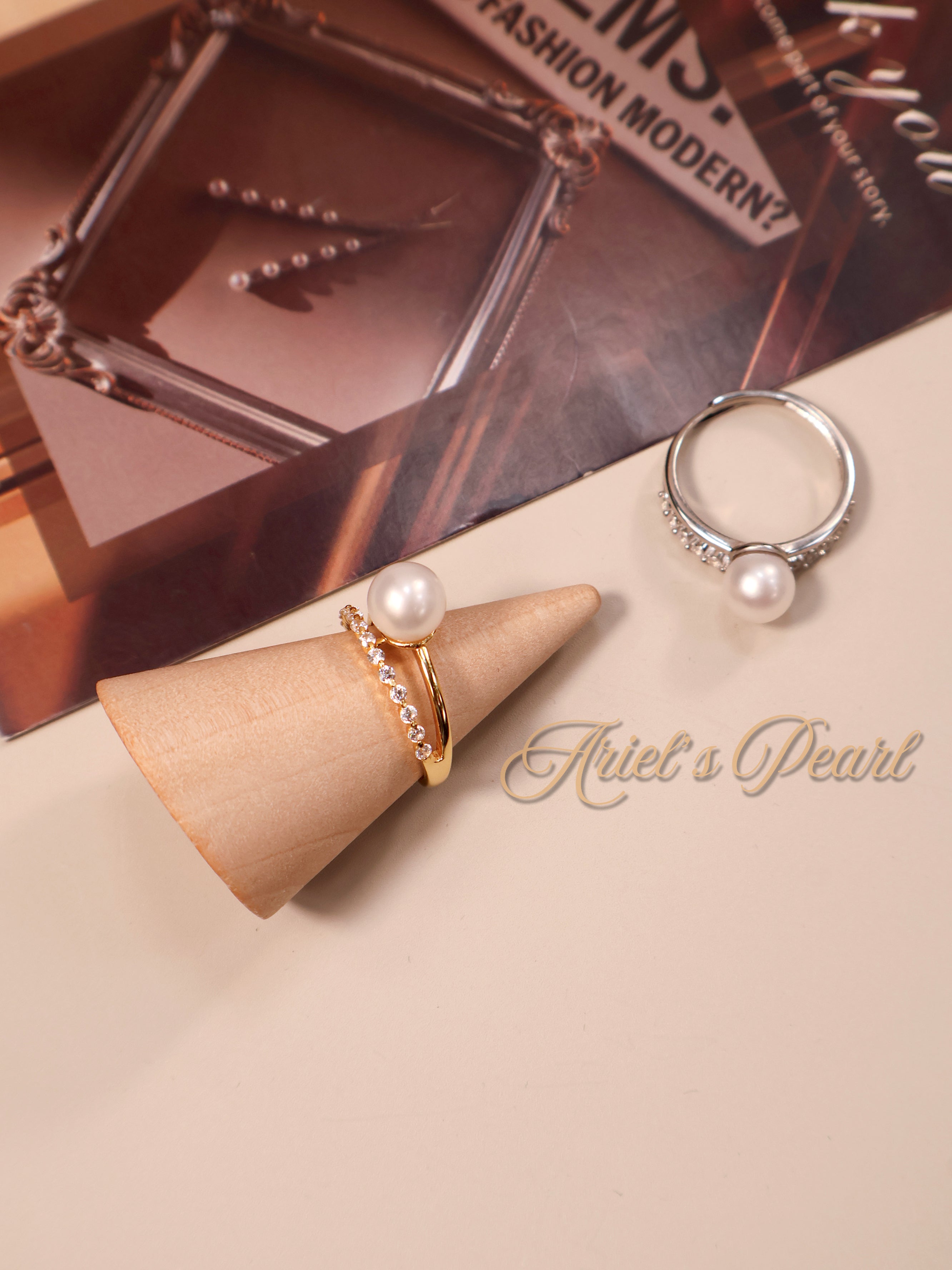 Freshwater Pearl Ring with Zircon Accent – Adjustable Open Band in Gold or Silver