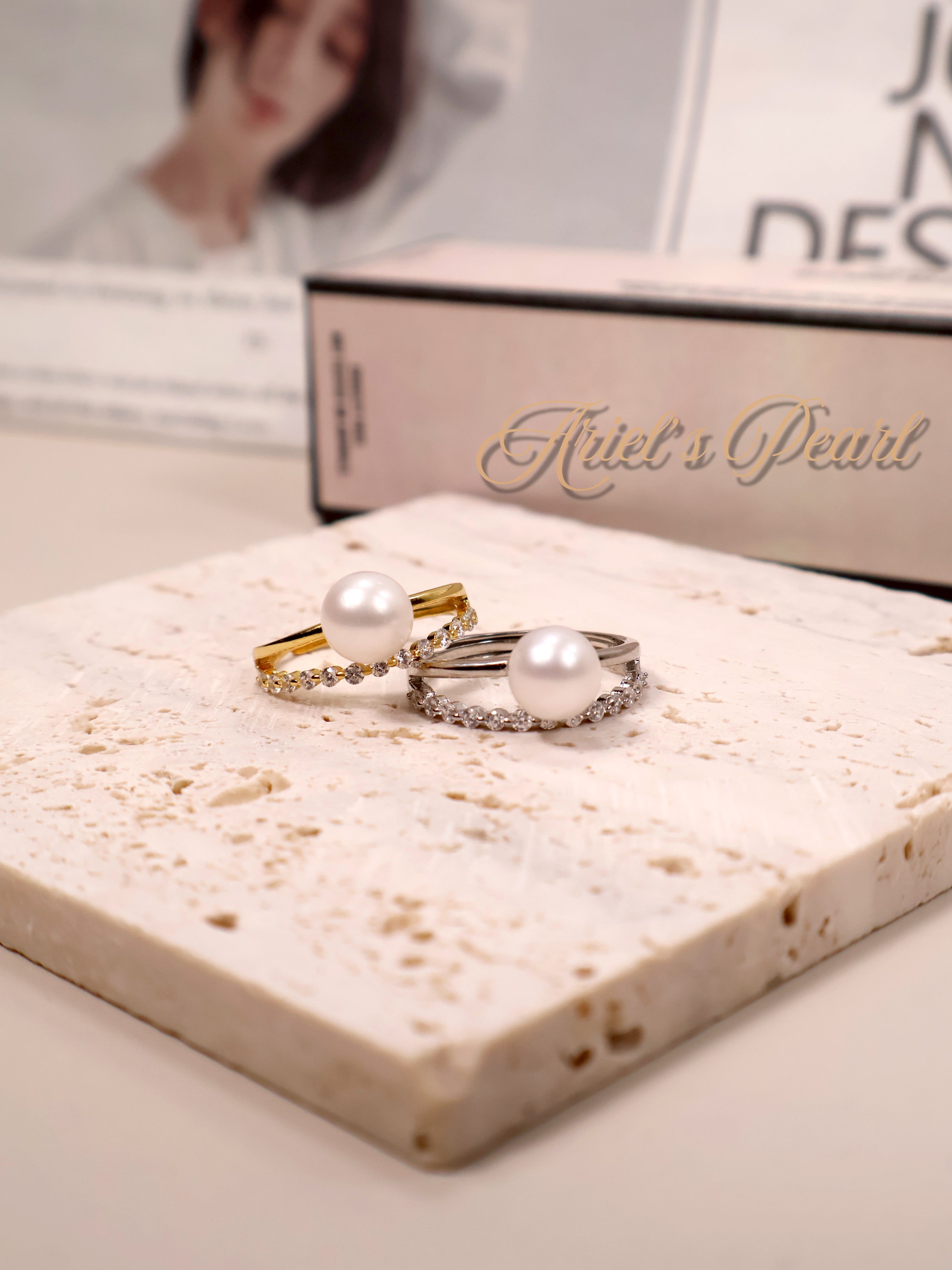 Freshwater Pearl Ring with Zircon Accent – Adjustable Open Band in Gold or Silver