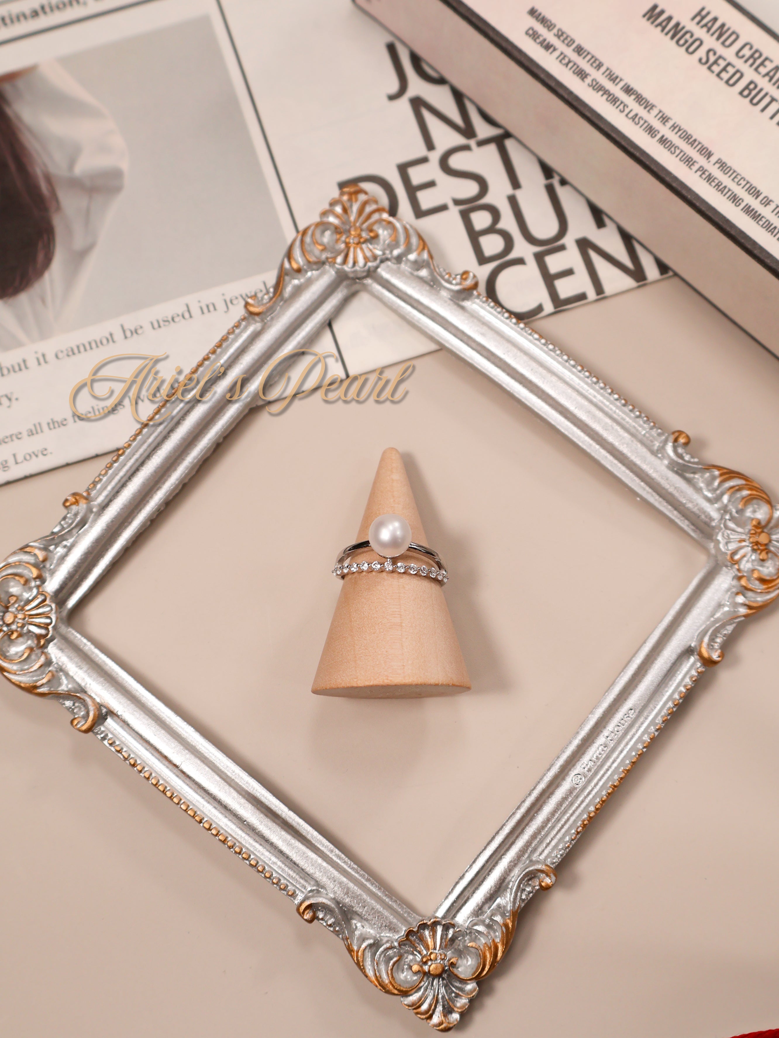 Freshwater Pearl Ring with Zircon Accent – Adjustable Open Band in Gold or Silver