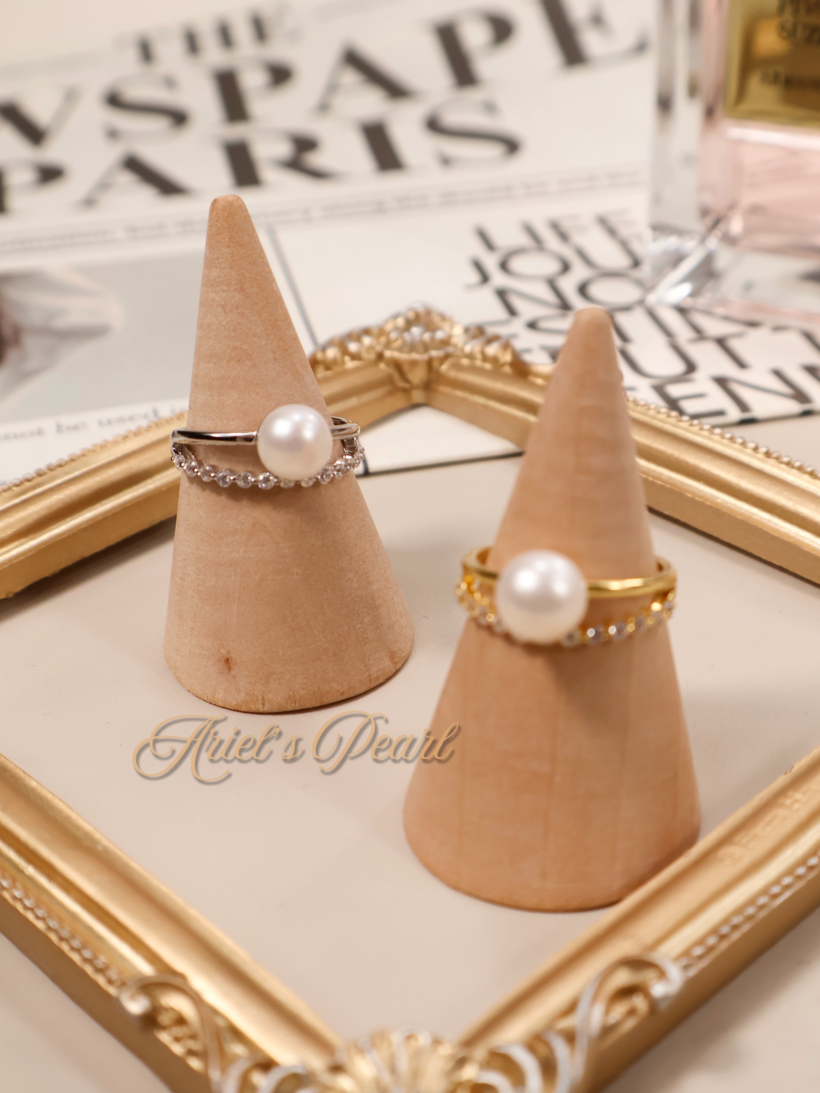 Freshwater Pearl Ring with Zircon Accent – Adjustable Open Band in Gold or Silver