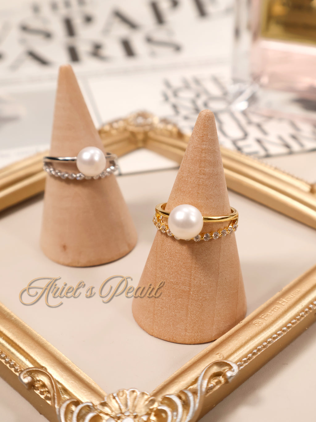 Freshwater Pearl Ring with Zircon Accent – Adjustable Open Band in Gold or Silver