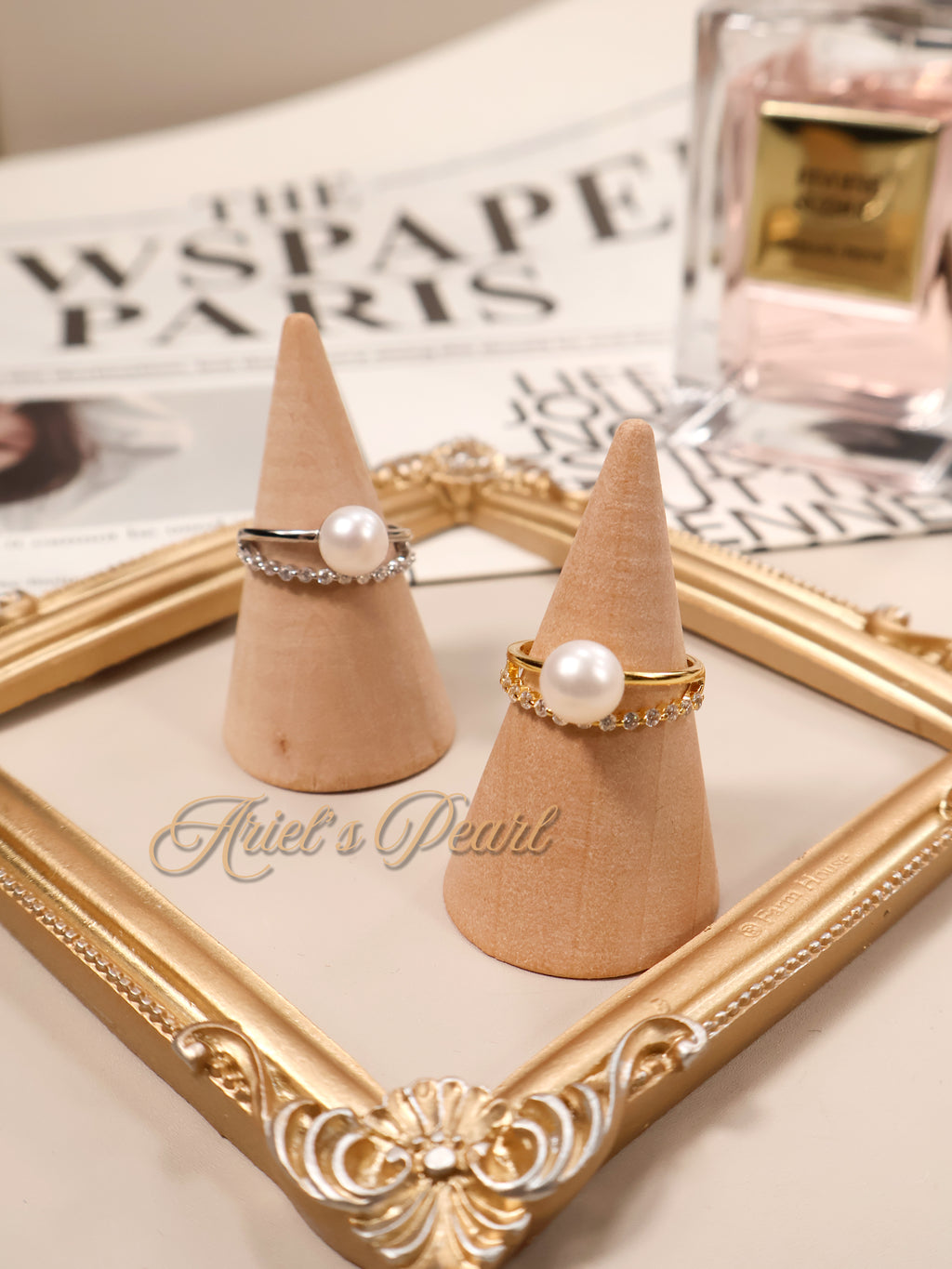 Freshwater Pearl Ring with Zircon Accent – Adjustable Open Band in Gold or Silver
