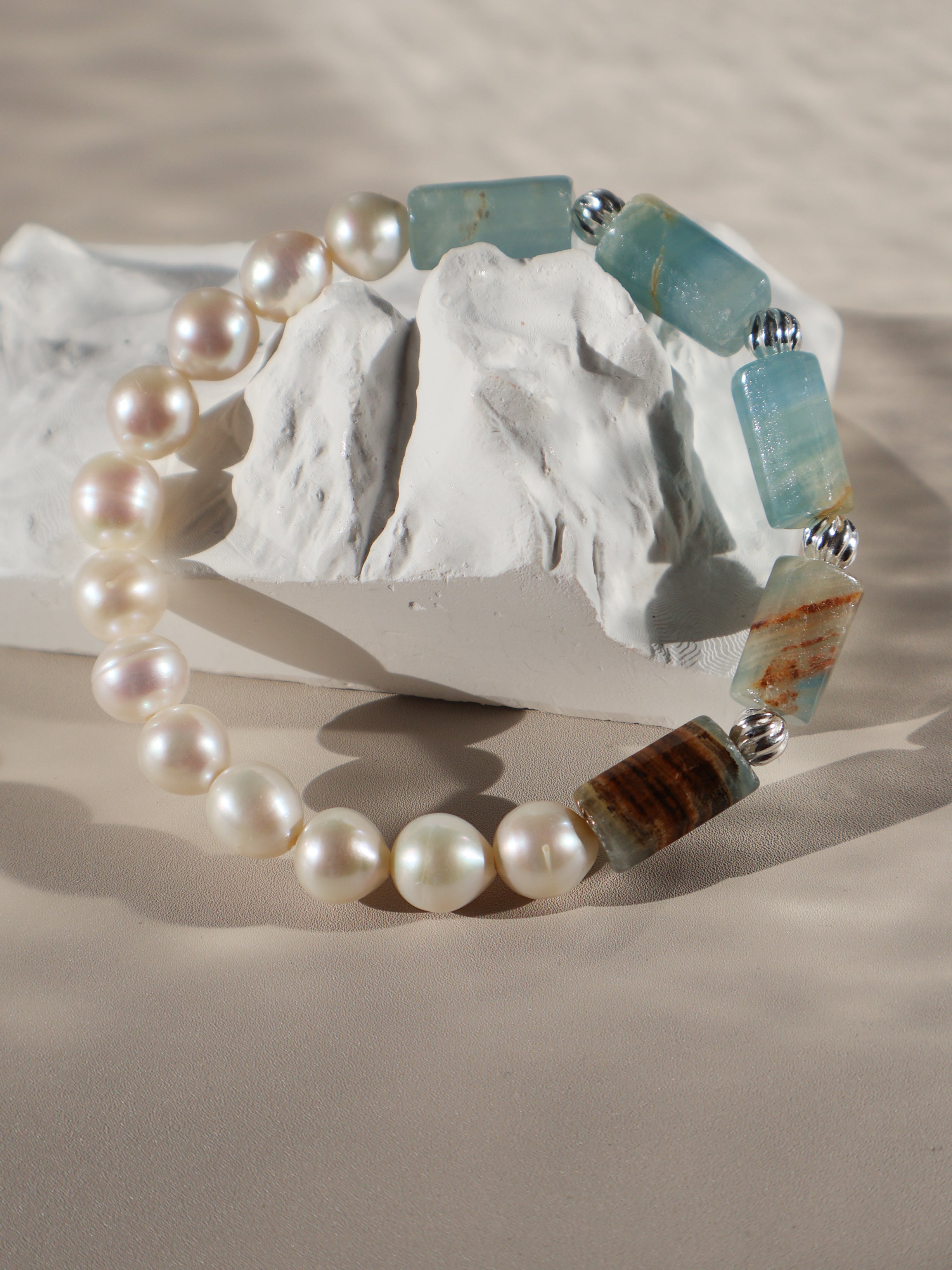 Lemurian Aquatine Calcite & Pearl Bracelet – Freshwater Pearl Stretch Bracelet