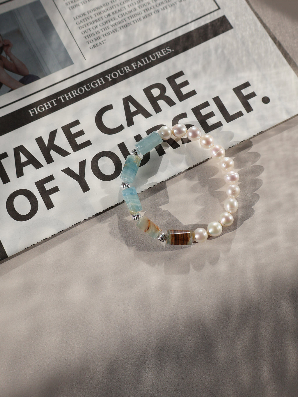 Lemurian Aquatine Calcite & Pearl Bracelet – Freshwater Pearl Stretch Bracelet