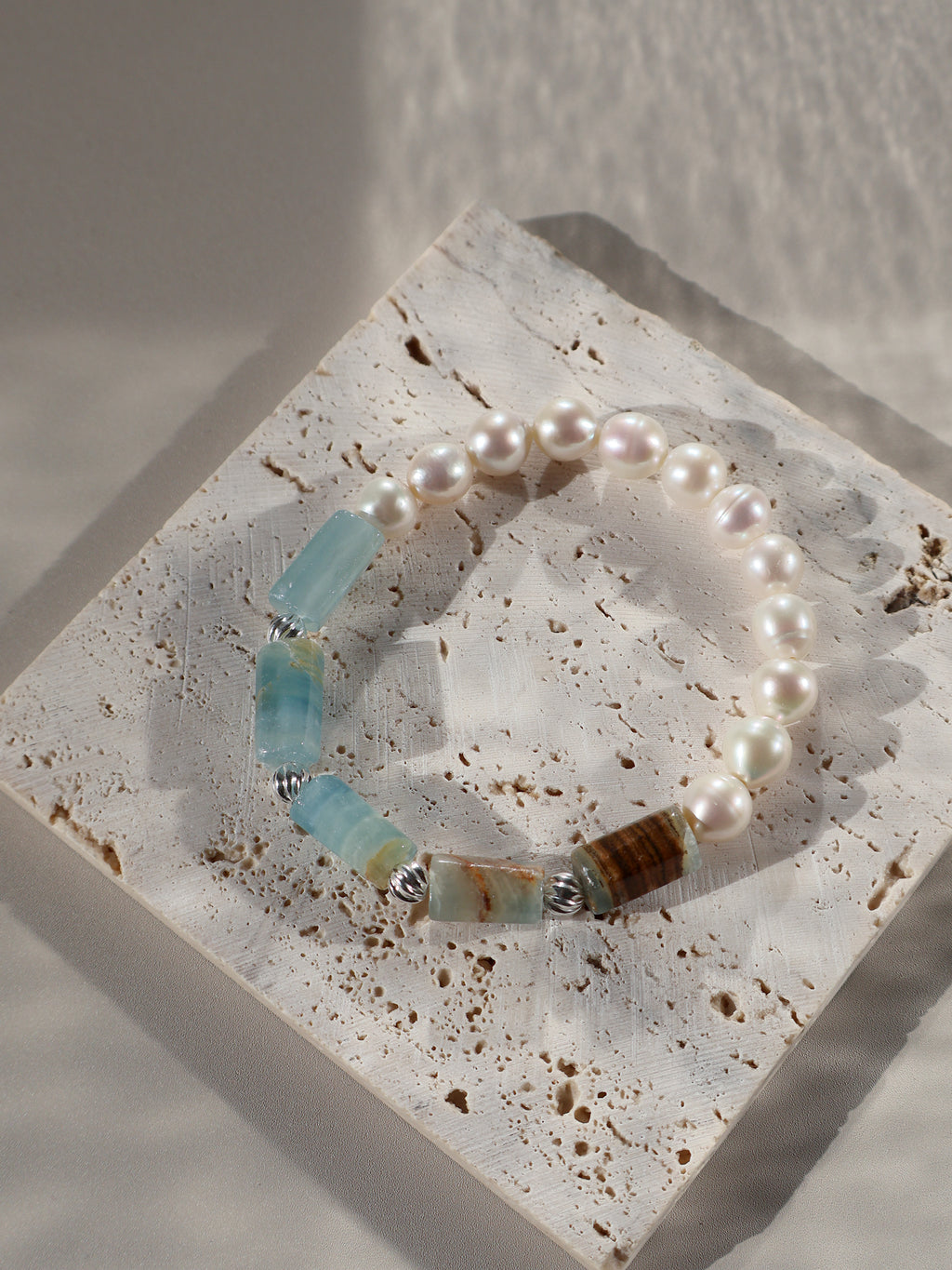 Lemurian Aquatine Calcite & Pearl Bracelet – Freshwater Pearl Stretch Bracelet