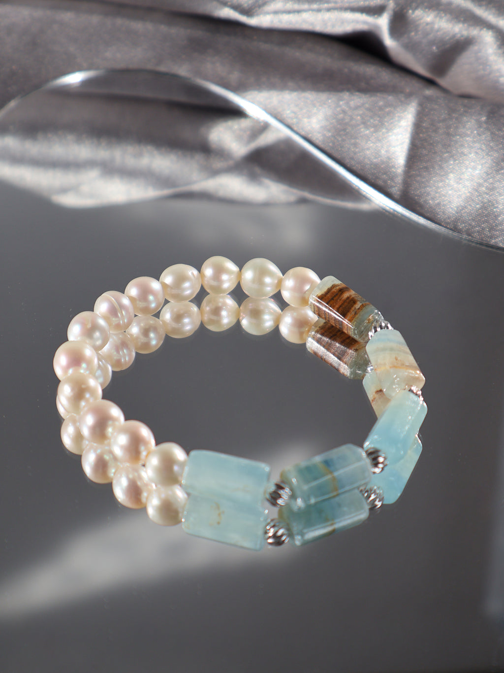 Lemurian Aquatine Calcite & Pearl Bracelet – Freshwater Pearl Stretch Bracelet