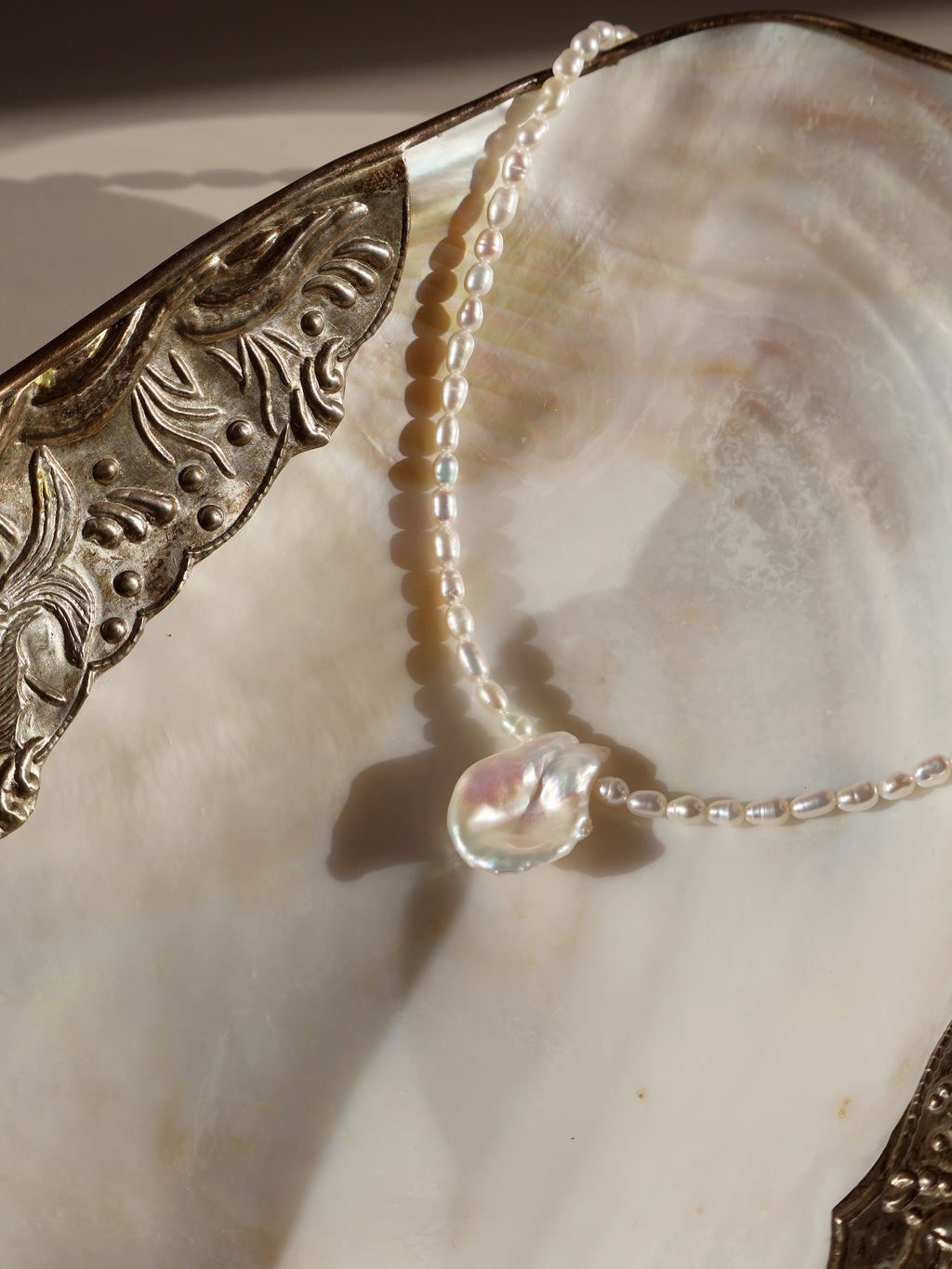 Petal Baroque Pearl Necklace - Beaded Freshwater Pearl Necklace with Statement Pendant