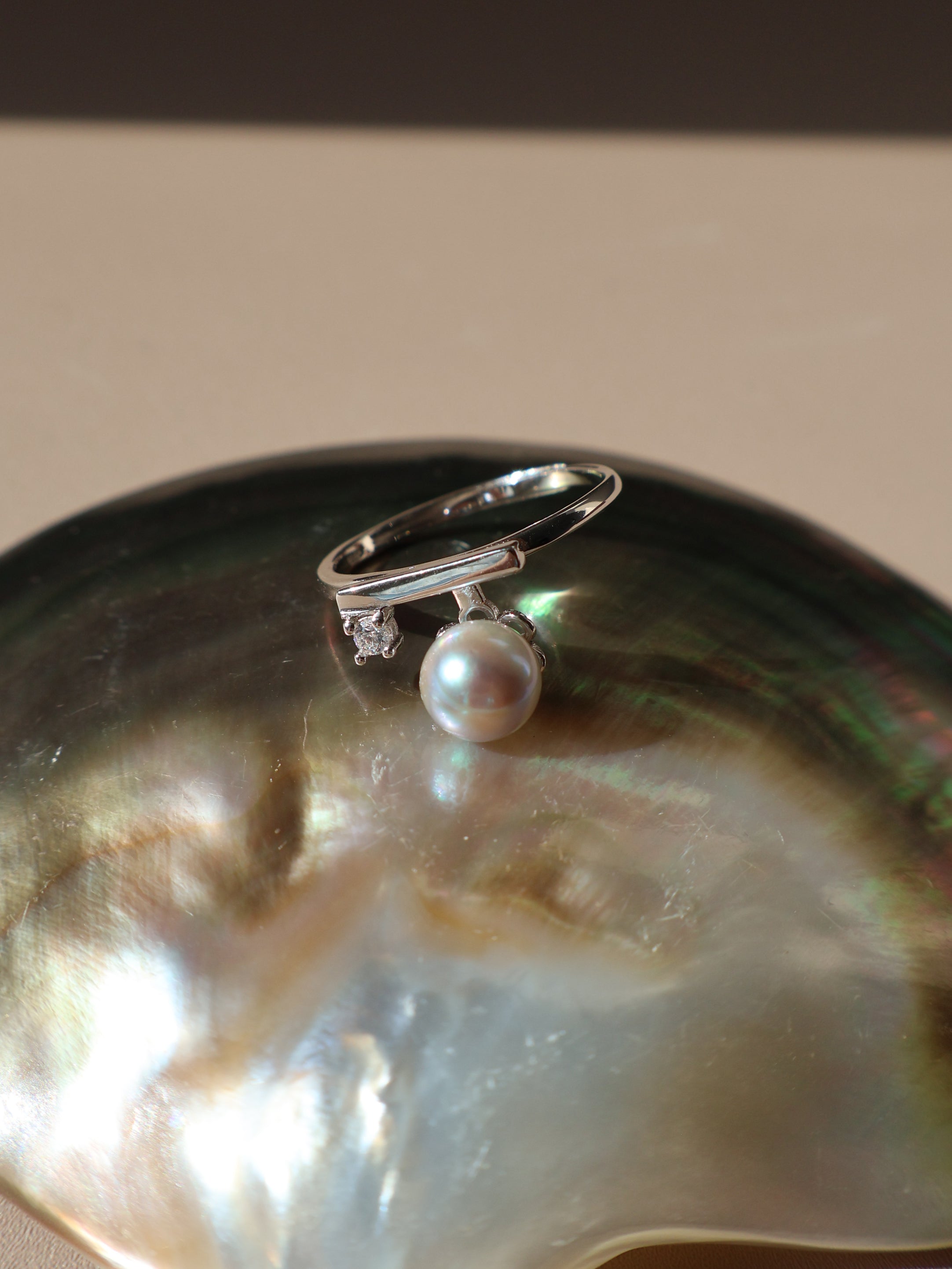 Blue Pearl Open Ring – Freshwater Pearl, Sterling Silver with Zircon