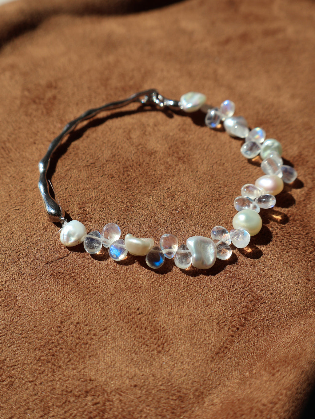 Rainbow Moonstone & Pearl Cuff Bracelet – Sterling Silver
