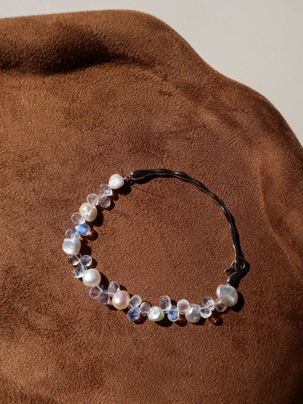 Rainbow Moonstone & Pearl Cuff Bracelet – Sterling Silver