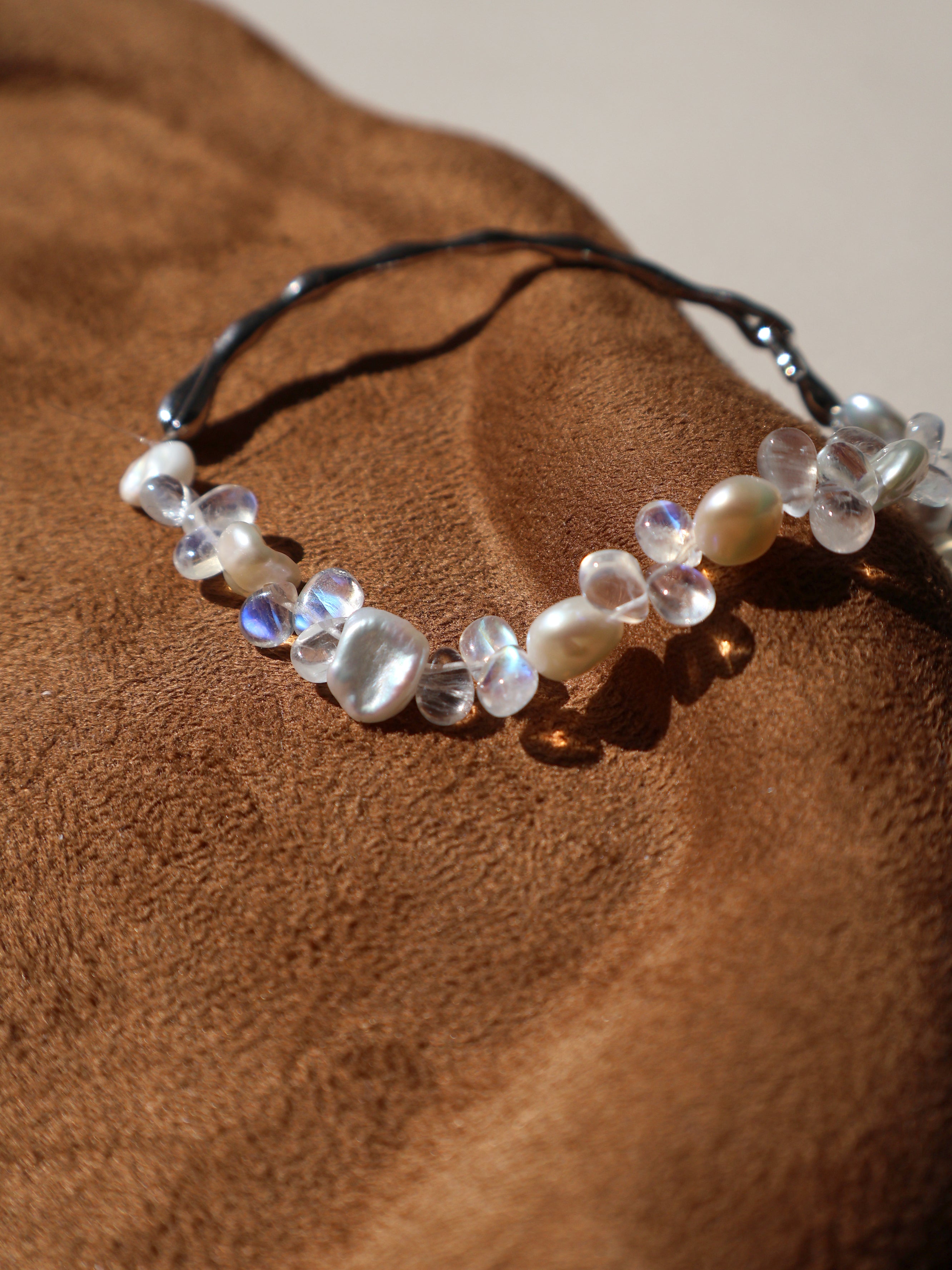 Rainbow Moonstone & Pearl Cuff Bracelet – Sterling Silver