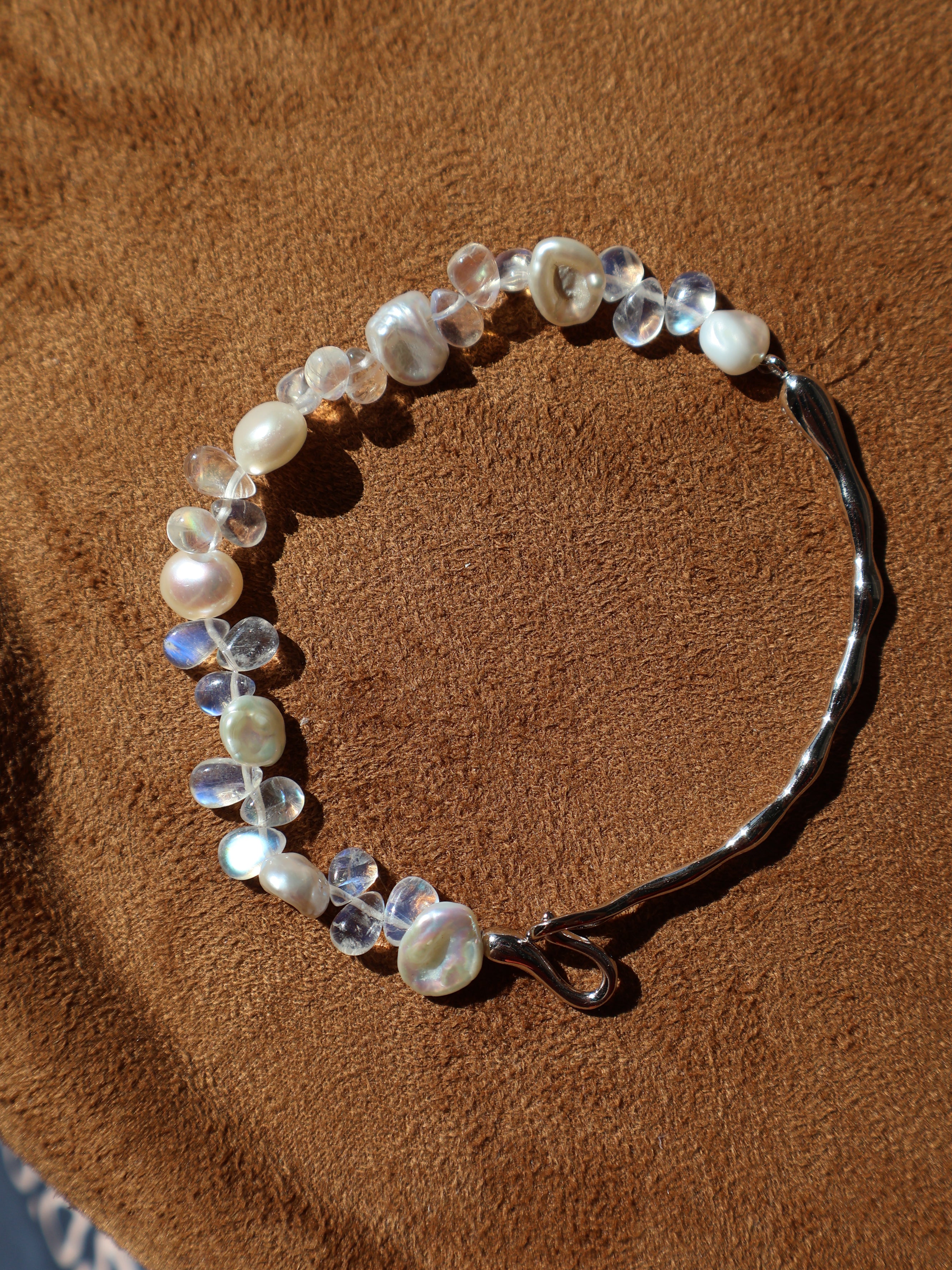 Rainbow Moonstone & Pearl Cuff Bracelet – Sterling Silver