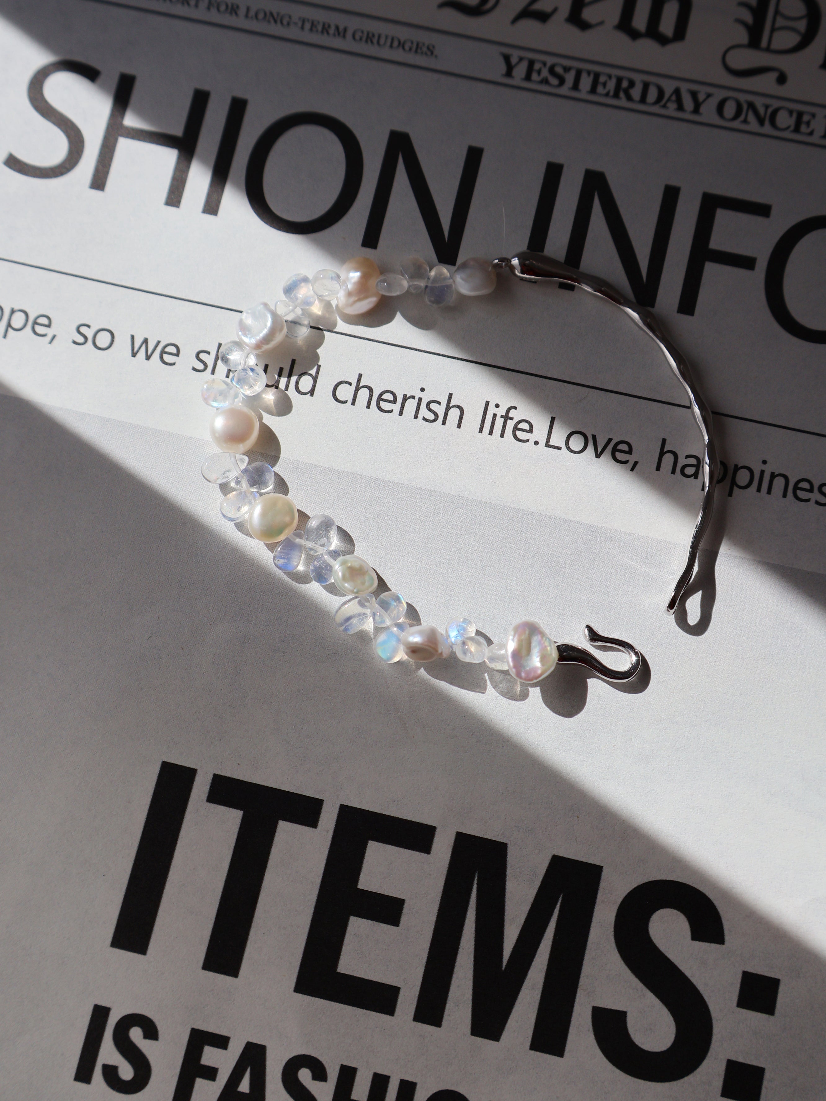 Rainbow Moonstone & Pearl Cuff Bracelet – Sterling Silver
