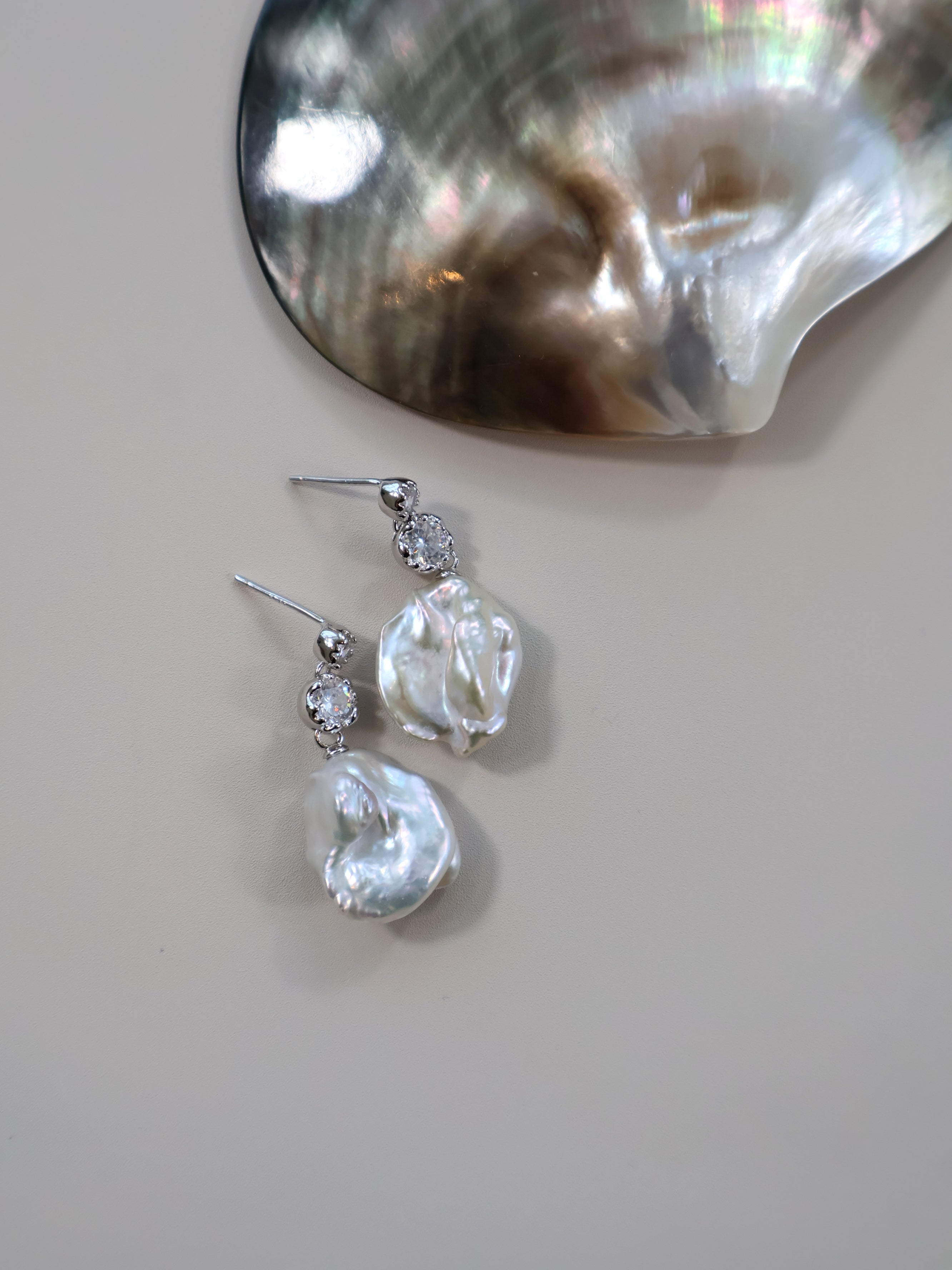 Petal Baroque Pearl Earrings - Freshwater Pearl Drop Earrings with Zircon, Sterling Silver Stud Earrings