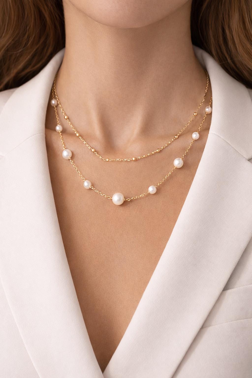 Layered Freshwater Pearl Necklace – Gold Plated 925 Silver Double Chain