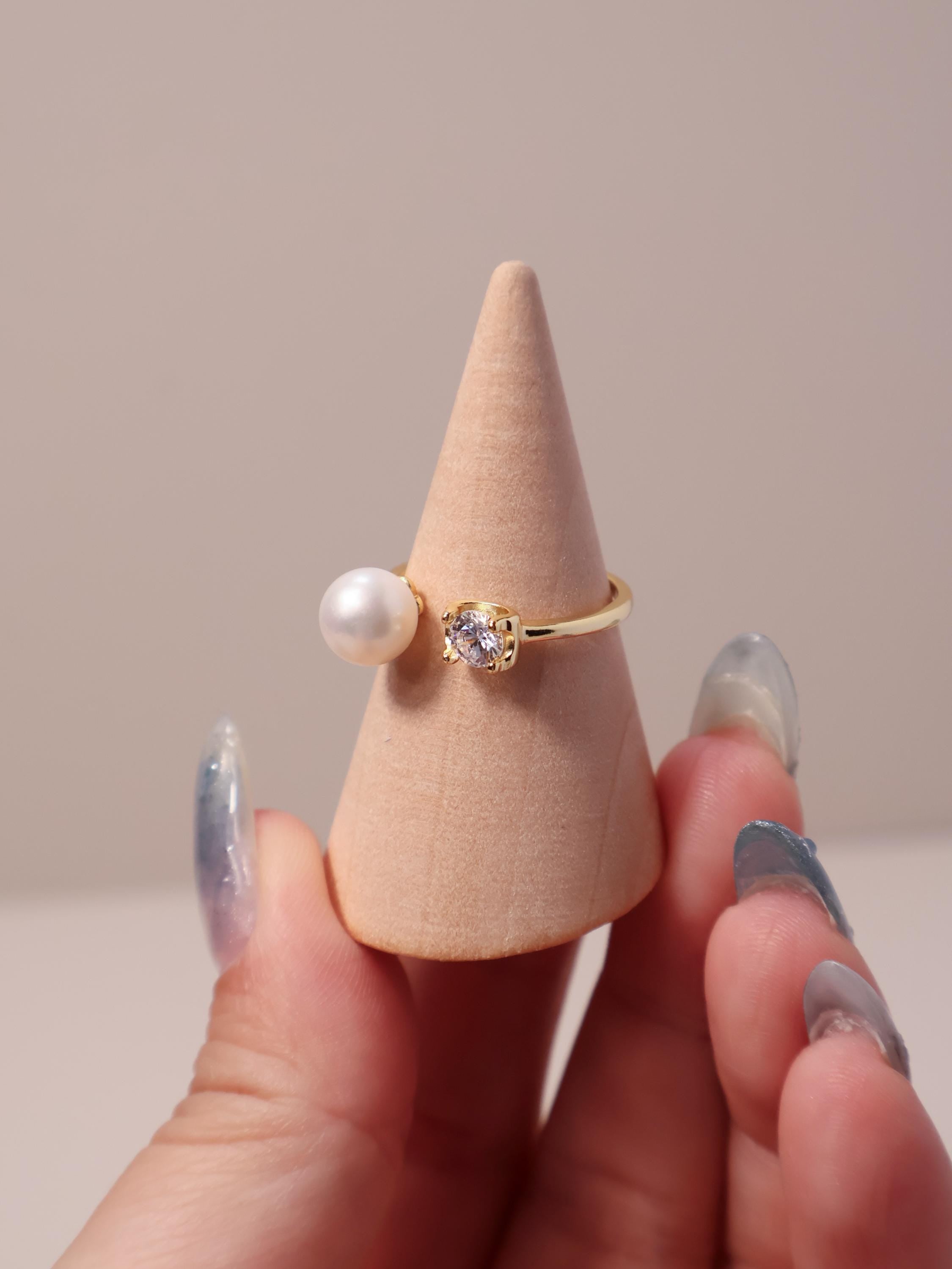 Freshwater Pearl Ring with Zircon Detail – Adjustable Open Band in Gold or Silver