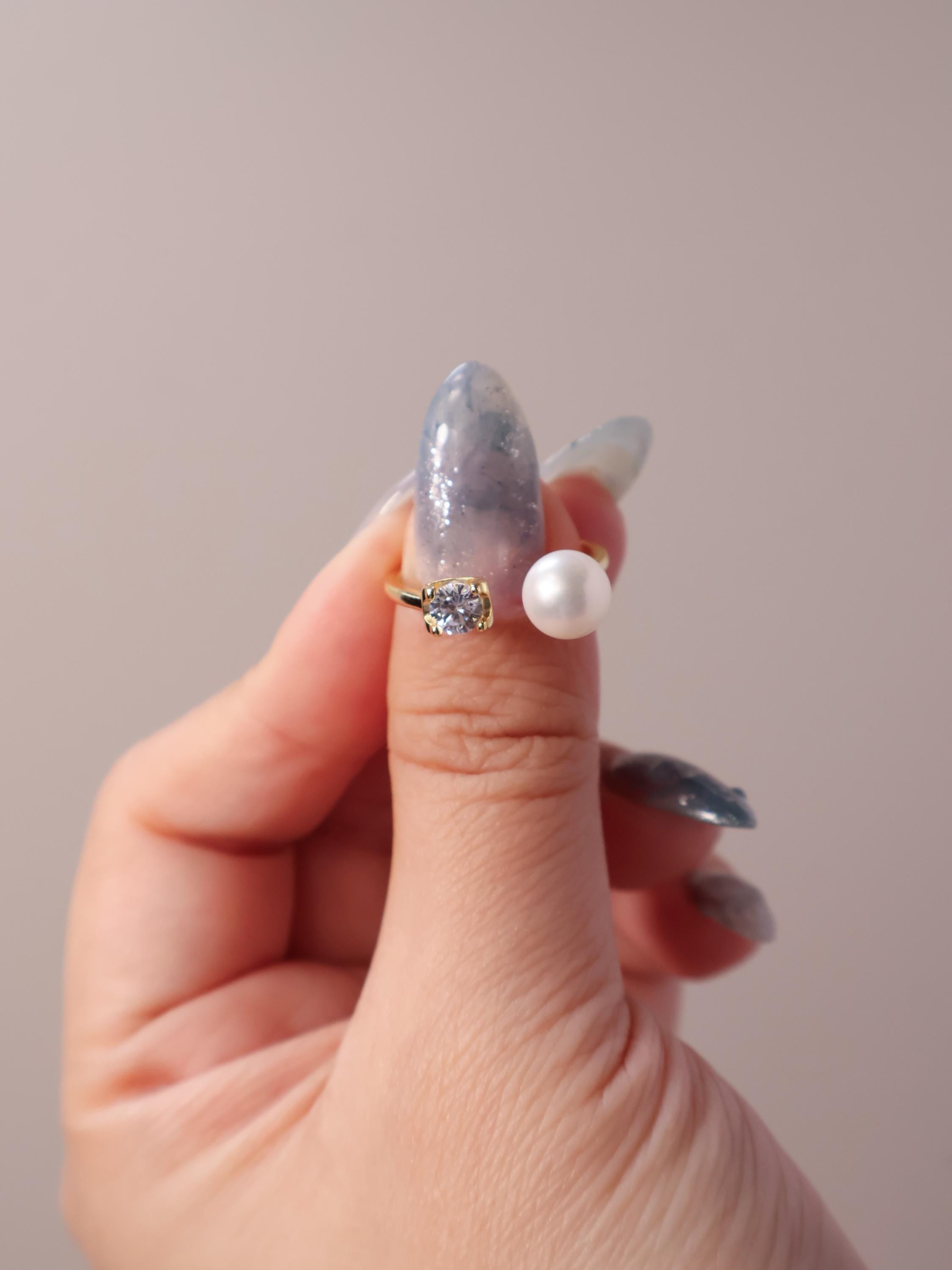 Freshwater Pearl Ring with Zircon Detail – Adjustable Open Band in Gold or Silver