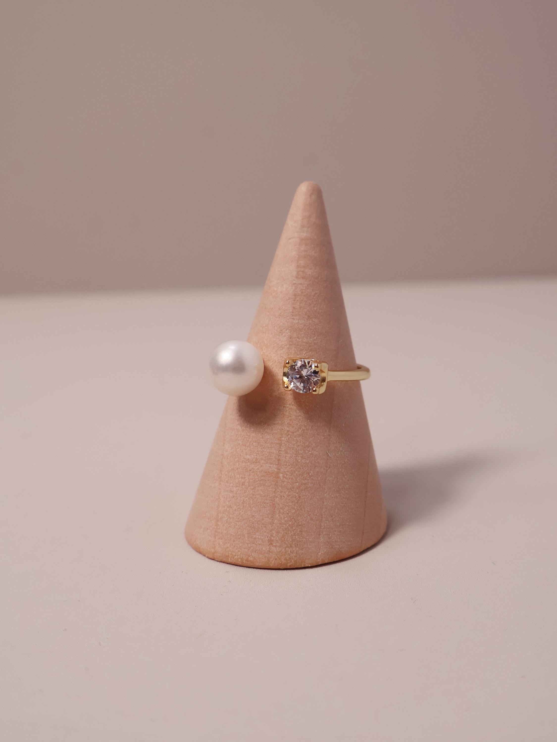 Freshwater Pearl Ring with Zircon Detail – Adjustable Open Band in Gold or Silver