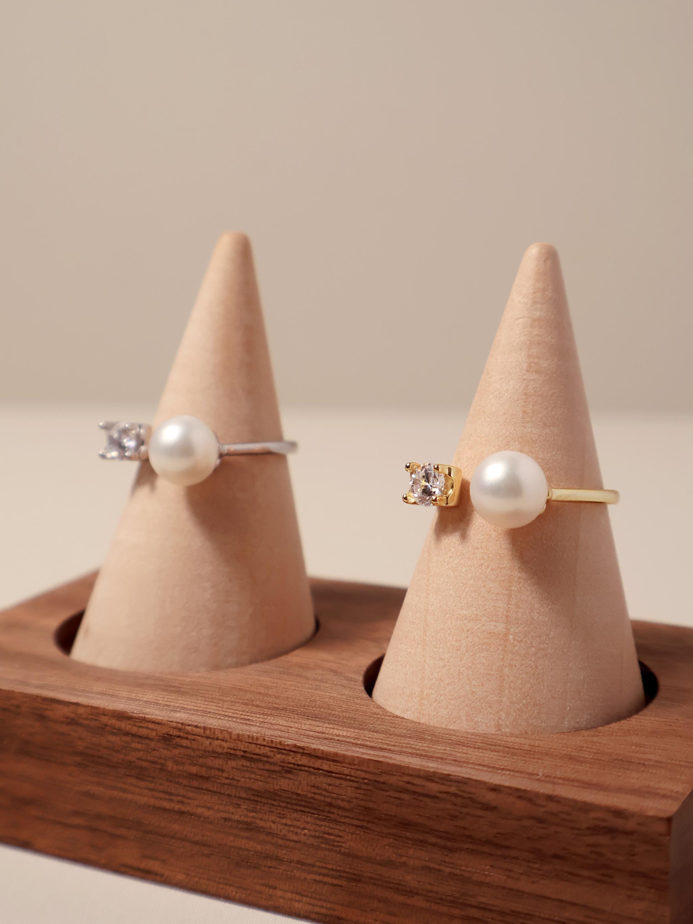 Freshwater Pearl Ring with Zircon Detail – Adjustable Open Band in Gold or Silver