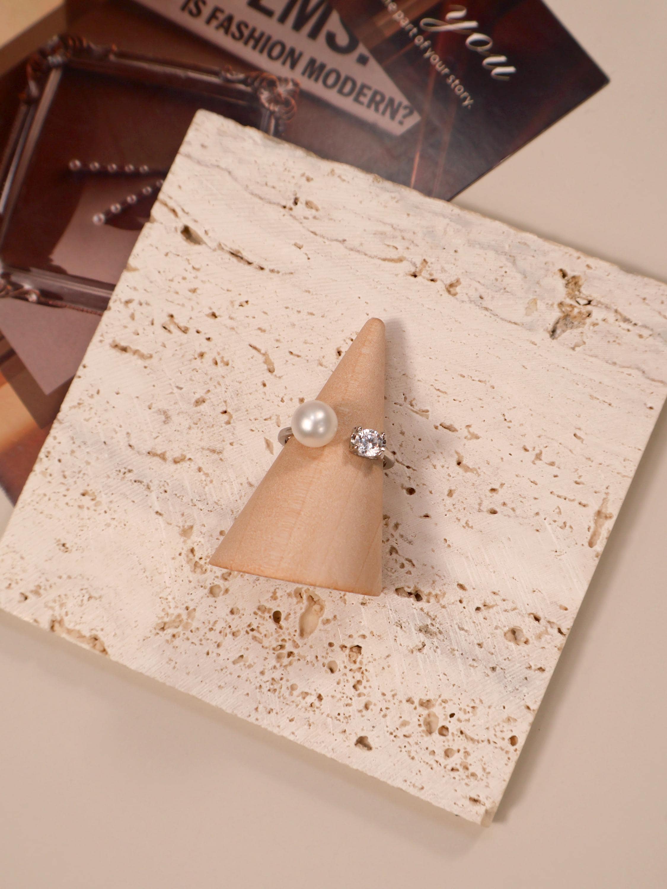 Freshwater Pearl Ring with Zircon Detail – Adjustable Open Band in Gold or Silver