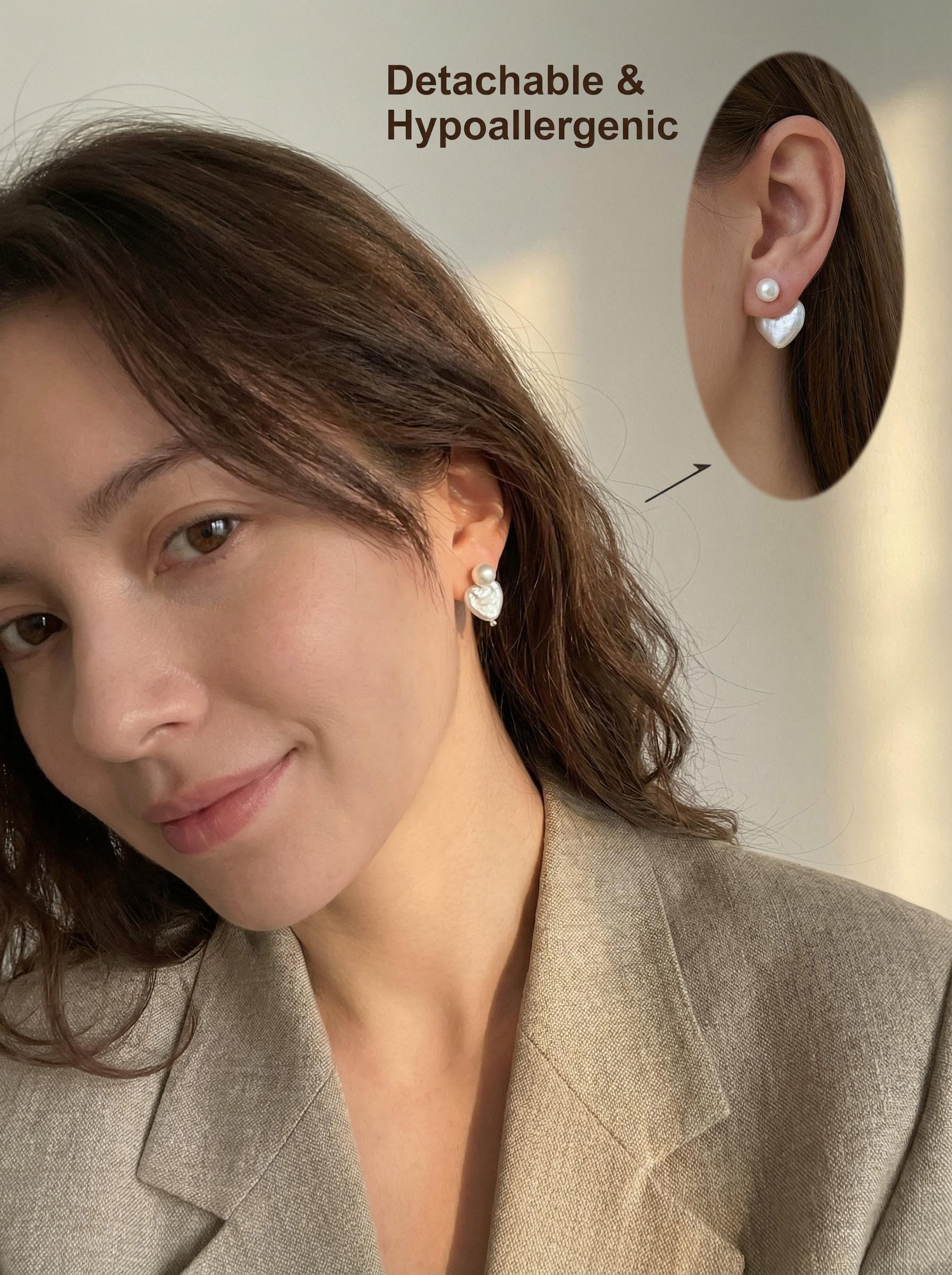 Detachable Heart Baroque Pearl Earrings - Sterling Silver Convertible Pearl Studs